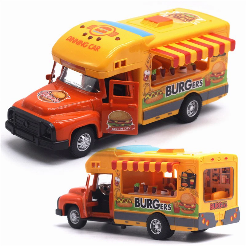 

1:28 Diecast Vehicles Alloy Car Dining Car Drink Station Model Toys for Children Plastic Gliding Car Kids Toy Gifts for Boy Girl