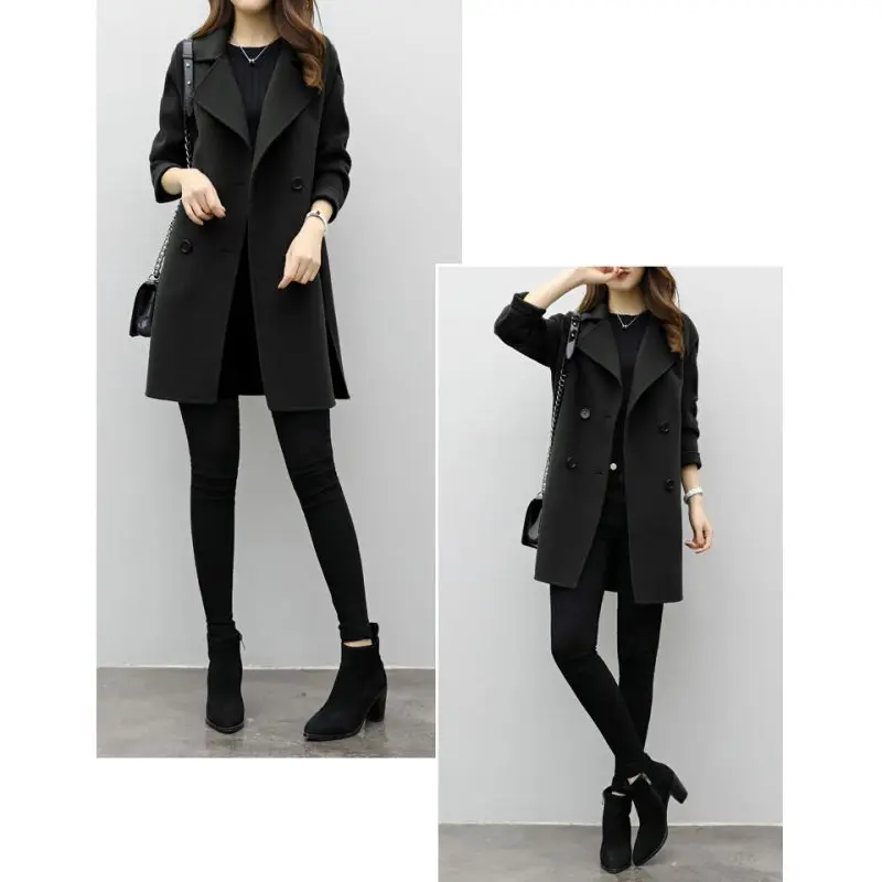 Women Winter Coat Solid Color Lapel Double-breasted Casual Long Sleeve Warm Wool Slim Coat Brown 2XL NEW