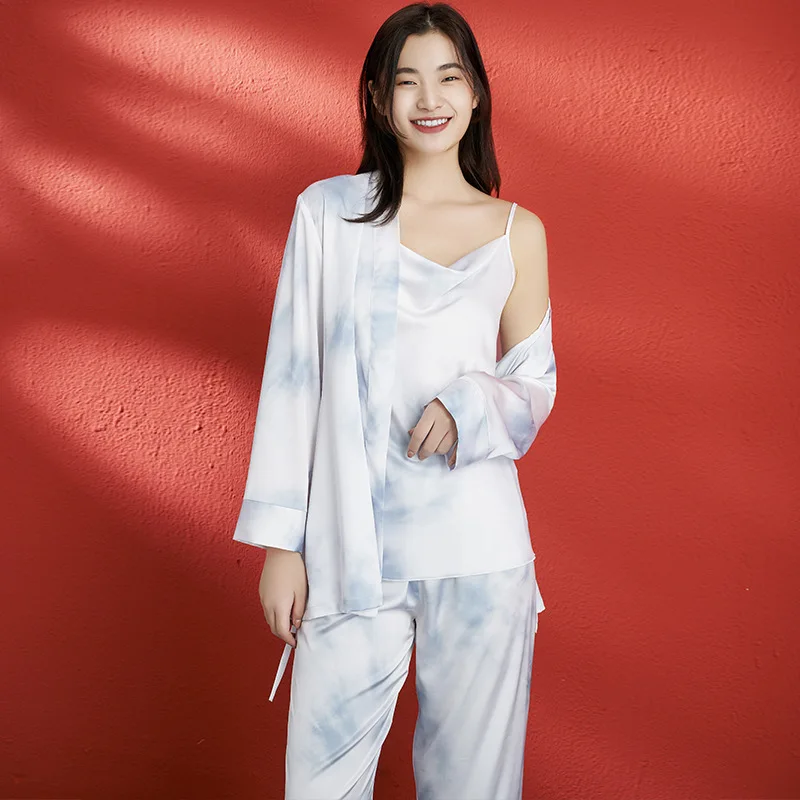 

Sexy Satin 3pcs Sleepwear Suit Women Pajamas Set Kimono Bath Robe Gown Casual Homewear With Belt Loose Strap Top&pants Nightwear