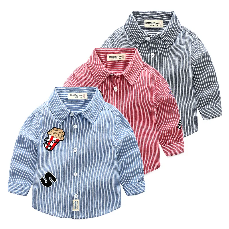 Весенняя модная детская одежда в Корейском стиле для мальчиков; детская хлопковая рубашка с длинными рукавами в полоску с вышивкой попкорна; топы