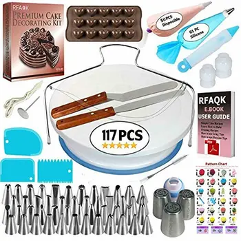 

117 pcs Cake decorating kit and aluminum turntable Cake Server Set Multiple sizes Heavy-duty non-slip turntable