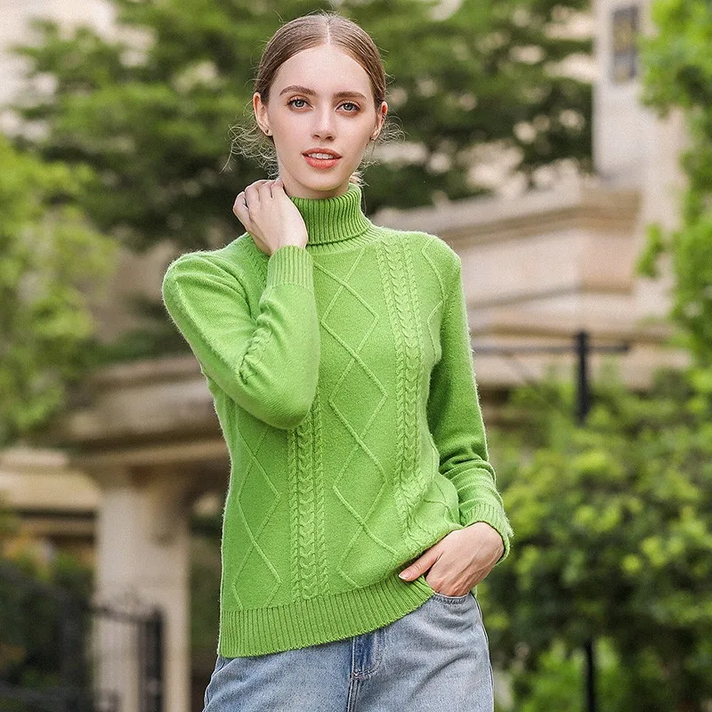 

2019 New Color Women 100 Cashmere Turtleneck Sweaters Front Diamond Cable Knit Pullover 7G Thick England Style Soft Warm p1947
