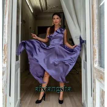 

High Low One Shoulder Prom Evening Dresses Silky Satin Ruched Robe De Soiree Saudi Arabric Formal Festival Party Celebrity