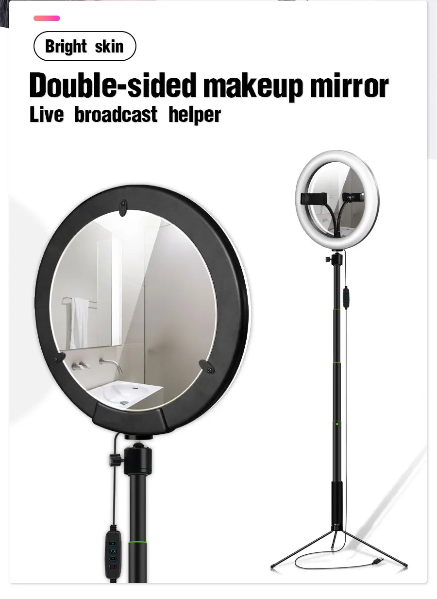 26 см светодиодный светильник-кольцо с зеркалом для макияжа, кольцевая лампа со штативом, селфи-палка, студийный светильник для фотосъемки, для видео в реальном времени, YouTube