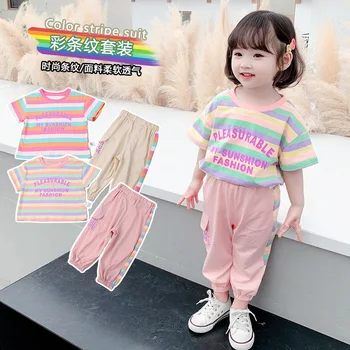 

Girls' Short Sleeve Shirt Striped Suit 2020 Summer New Style Korean-style Western Style Baby Lettered Two-Piece Set