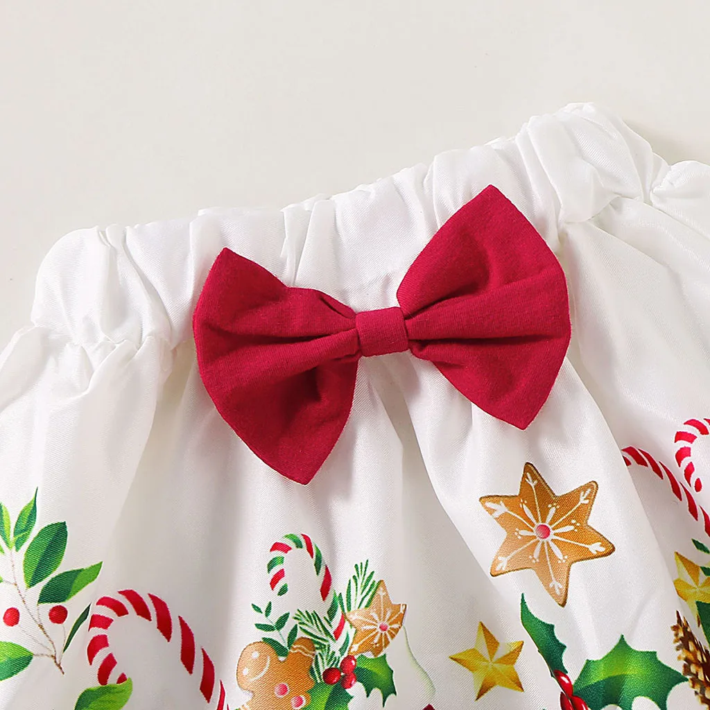 Новогодняя одежда для малышей Детский Рождественский комбинезон с длинными рукавами и буквенным принтом для маленьких девочек, боди+ юбки с мультипликационным рисунком, комплект