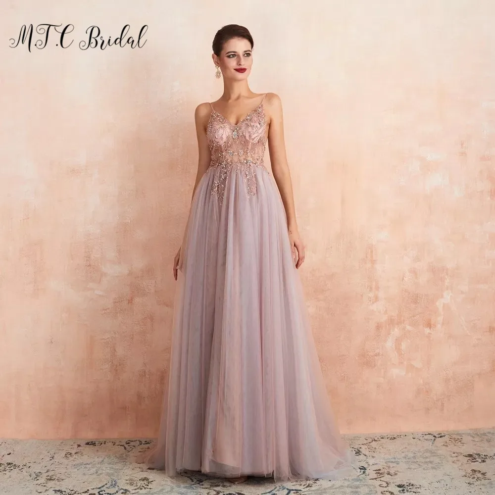 

Exquisite Beads Crystals Blush Pink Evening Dress Side Slit Spaghetti Strap A Line Long Tulle Formal Dresses Custom Made 2019