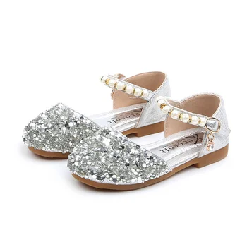 

Summer New Children Casual Shoes Leather Girls Princess Flat Heel Party Shoes Fashion Sequins Bow Pearl Kids Sandals For Girls