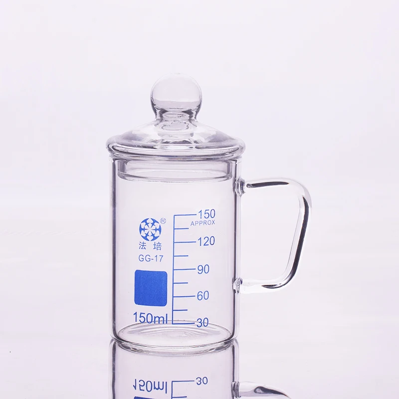 Beaker in low form without spout,With handle,Capacity 150ml,Outer diameter=60mm,Thickness=2.8mm,Height=87mm,Laboratory beaker