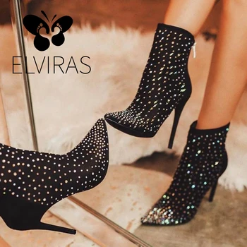 

ELVIRAS Women's Ankle Boots Rhinestone High Heels Women's Zipper Tips Female Sexy Chelsea Boots for Women XL 35-42