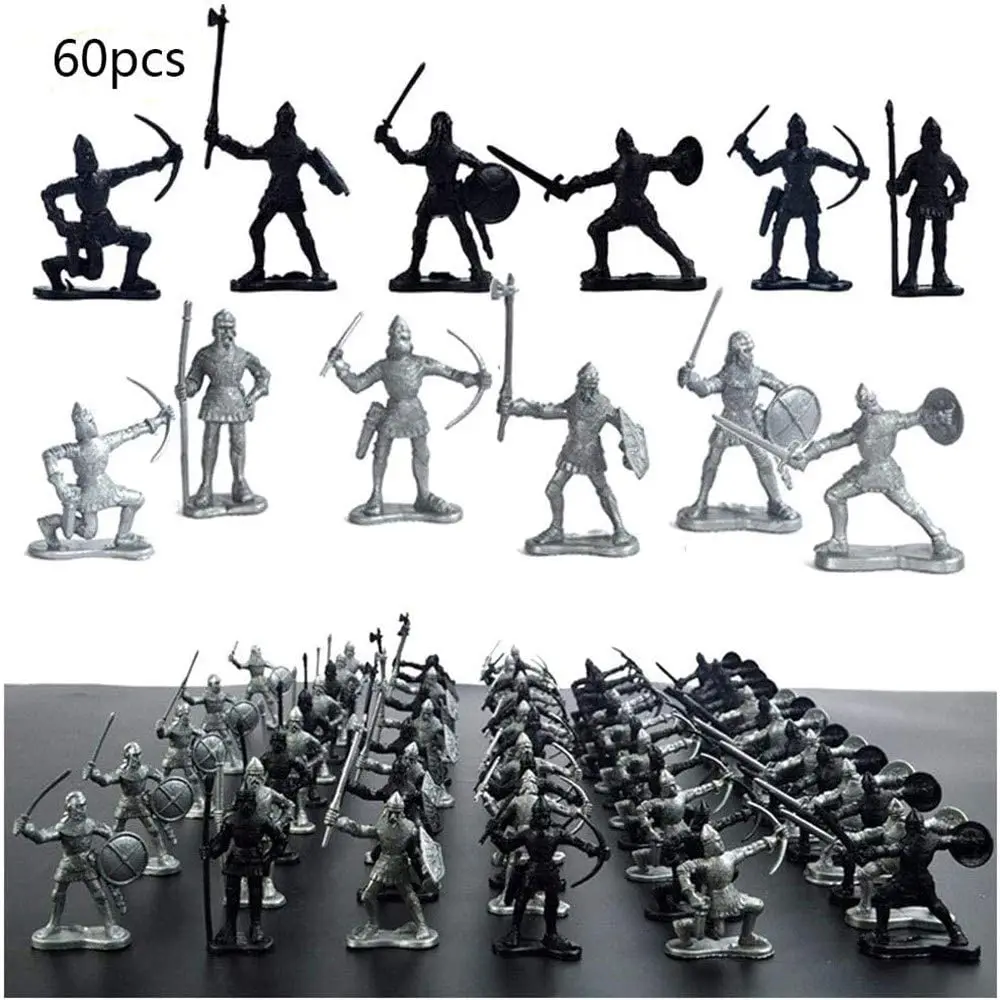 60 pcs/lot Sliver Black Warriors Medieval Soldiers Military Figures Toy Archaic Soldiers Middle Ages Knights riding stable the set includes three figures two horses dog stable and other accessories recommended for ages four to ten