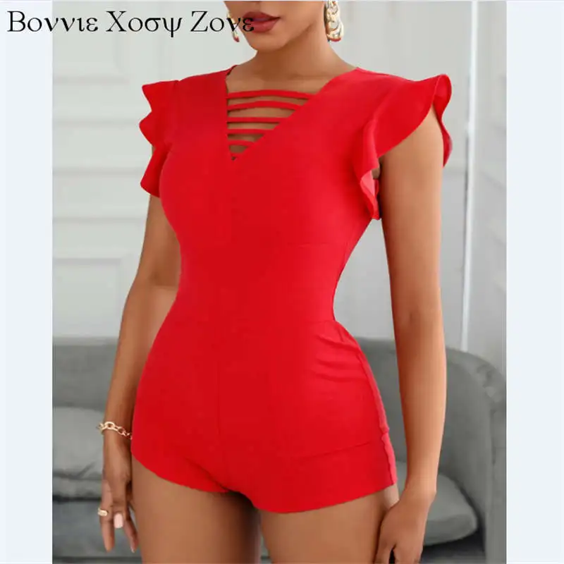 

Women Short Sleeve V-Neck Plain Ruffles Hem Skinny Romper Daily Sweet Jumpsuit