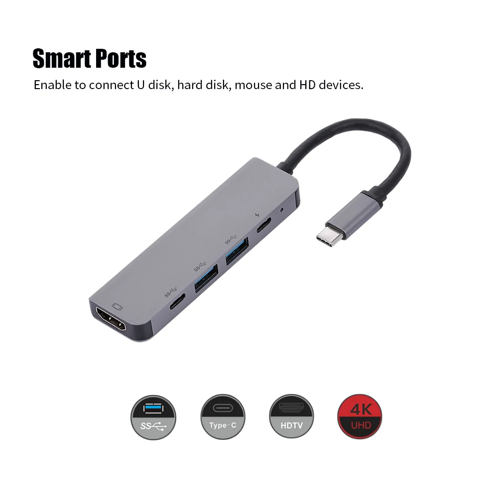 5-Порты и разъёмы 5IN1 Тип с разъемами типа C и USB C PD USB* 2 HDTV Тип C адаптер мульти-Многофункциональный преобразователь 4K для Macbook HDTV проектора Plug& Play
