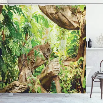 

Safari Shower Curtain, Leopard on The Branch in Savannah Exotic Macro Tropical Leaf Jungle Wild Nature Art Fabric Bathroom Decor
