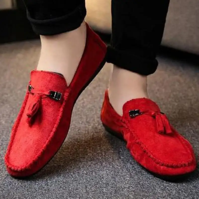 

Moccasins Mens Red Bottom Faux Suede Tassel Loafers Plain Round Toe Slip-on Fringed Flat Loafer Driving Soft Leather Shoe Black