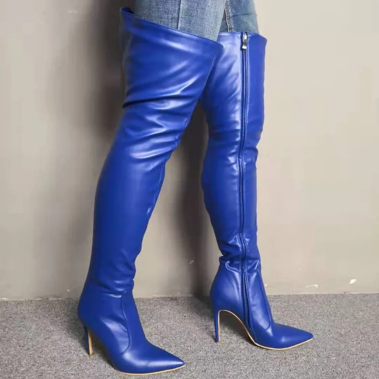 Olomm/Новые Модные женские зимние сапоги до бедра сапоги на высоком каблуке-шпильке синяя обувь для ночного клуба с острым носком женские большие размеры США 5-15