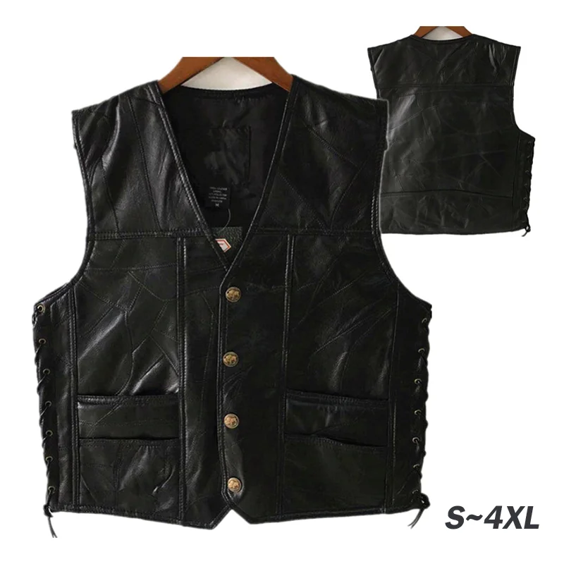 Motorcycle Vest Men's Stitching Sheepskin Leather Waistcoat V-Neck Street Style Cool Motorcycle Jacket Motocross Equipment