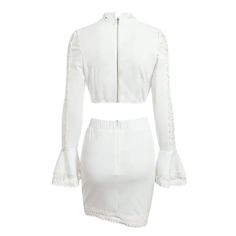 2 Piece Set Women Fashion Sexy Suits Lace Flare Sleeve Long Sleeve Casual Party Tops + Mini Skirt Set 3D17 (6)