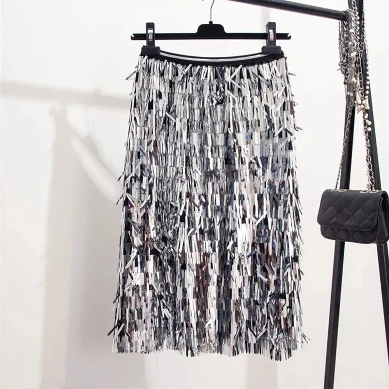 Silver Summer Sequins Sexy Women Black Solid Skirt High Waist Mid Calf Empire Party Lady Bodycon Sweet Female Casual Pencil Skirts - Цвет: Silver