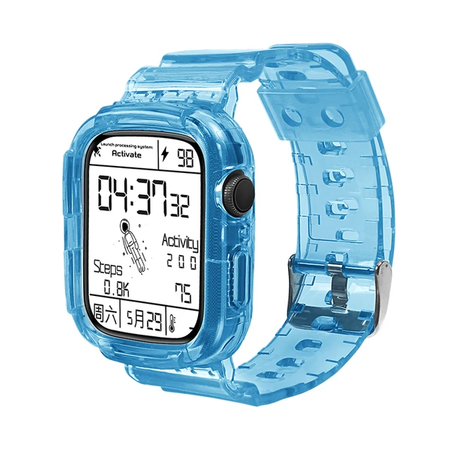 Rugged Protective Case and Bands for Apple Watch 45mm 41mm 44mm 42mm 40mm 38mm Strap, Cute Girl Crystal Jelly Cover iWatch Se76 Through Blue