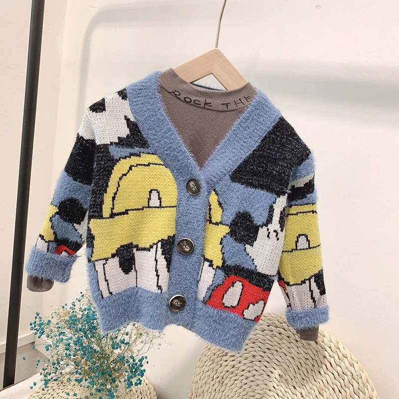 Детский Теплый зимний свитер для девочек хлопковый кардиган с v-образным вырезом Топы с длинными рукавами и рисунком Микки Мауса для девочек 4, 6, 8, 10 лет - Цвет: blue