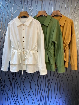 

2020 Early Autumn New Women's Lapel Waist Drawstring Lace-up Waist Hugging Decoration Solid Color Long-Sleeved Shirt 821