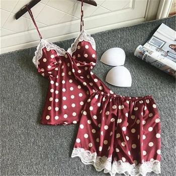 

Pajamas Polka Dot Hot sale Sling Shorts Set Pajamas Women Summer Sexy Ice silk Chest Pad Lace pyjamas women Home Service