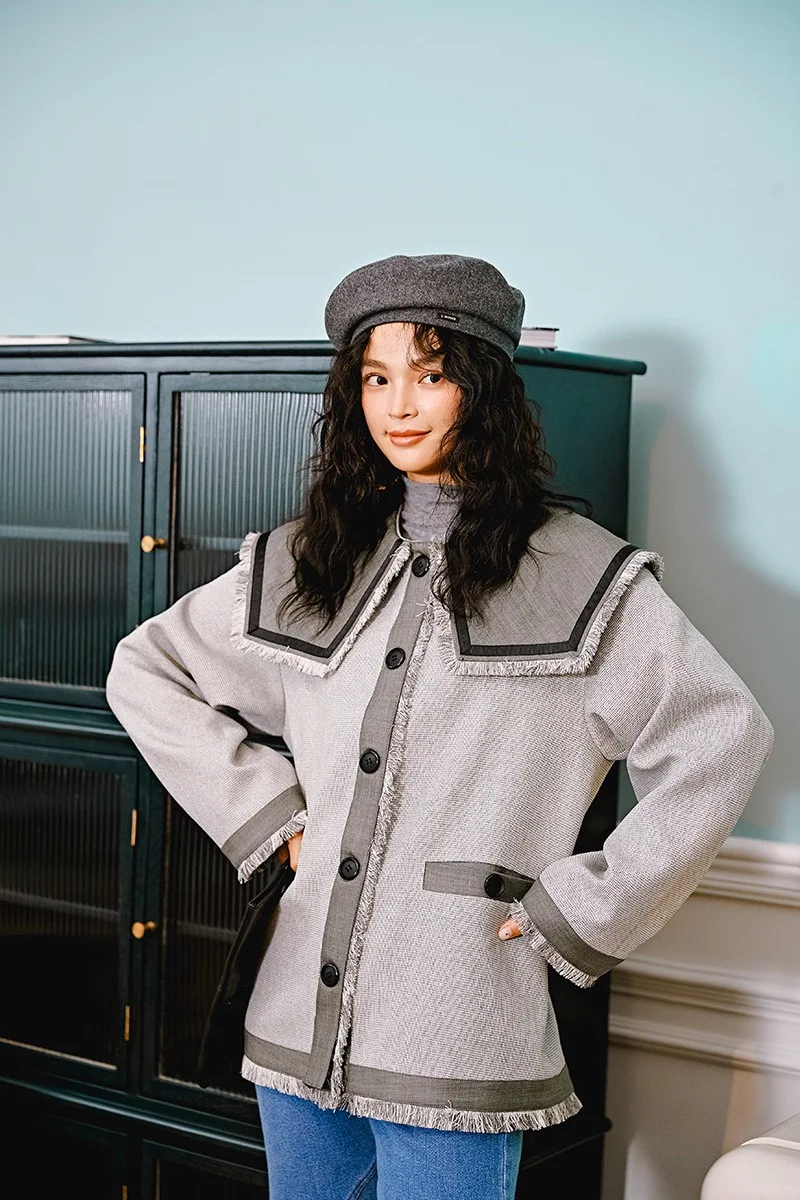 Autumn Original Design Gloria&Grace Gray Patchwork Big Collar Tassel Fashion INSTAGRAM Oversize Loose Coat Jacket Outerwear