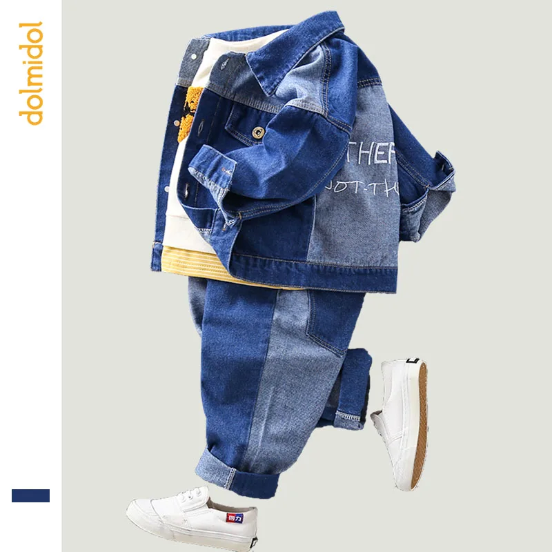 Dolmidol 2019 HOTHOT Letters Embroidery Hooded Denim Suit Jacket For Boy Fashion Kid Jeans Casual Clothing Set Tracksuit | Детская