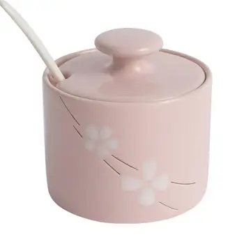 

3pcs/set Illustration Hand Painted Ceramics Spice Jar Japanese-style Kitchen Storage Seasoning Tool With Lid and Spoon (Pink)