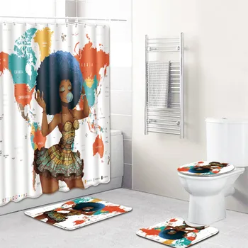 

3D African Girl Waterproof Shower Curtain Bathroom Bath Mat Set Pedestal Non-Slip Rugs Lid Toilet Cover 1/3/4 Pcs/Set