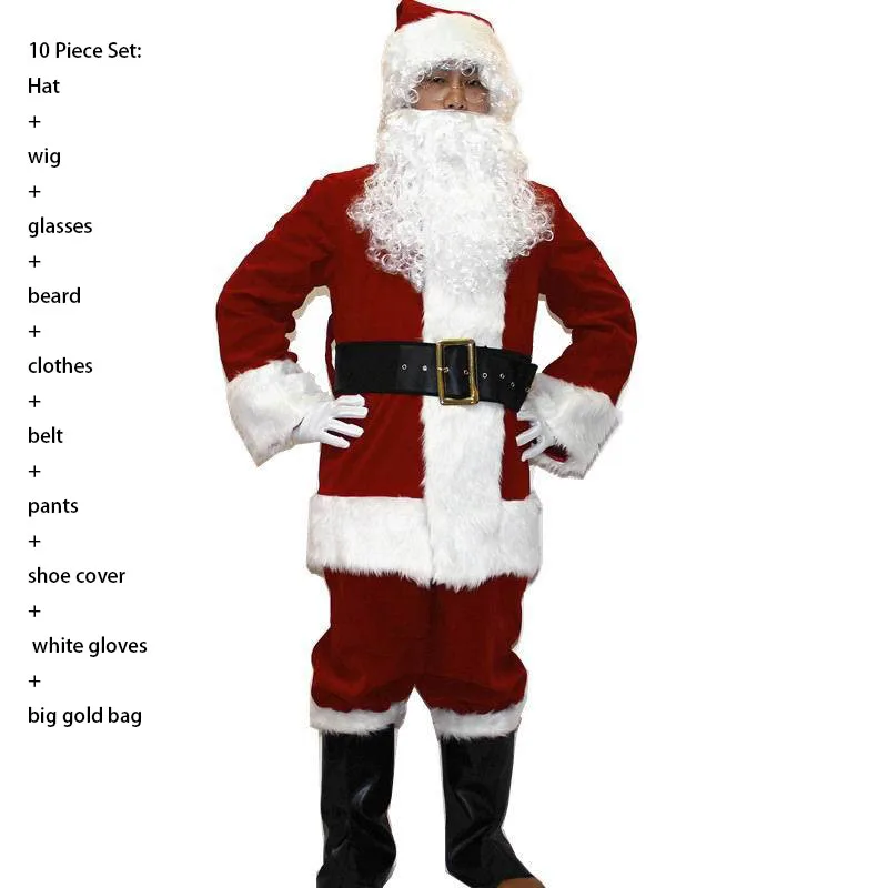 Костюм Санта-Клауса для взрослых, плюшевый костюм для папы, маскарадный костюм на Рождество, мужские пальто, штаны, пояс с бородой, шапка, Рождественский комплект из 10 предметов - Цвет: 10 Piece Set