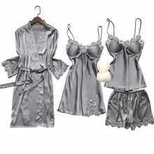Корейский стиль, шелковые женские сексуальные кружевные пижамы из 4 предметов, мягкий тонкий кардиган, Женская атласная одежда для сна с подушечкой на груди на осень