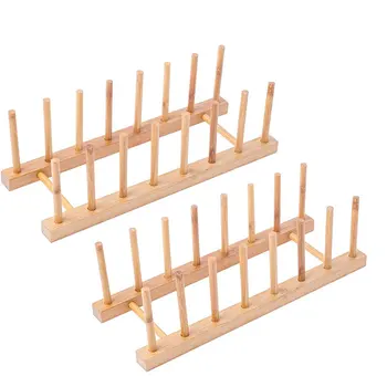 

2Pack Bamboo Wooden Dish Rack, Plate Rack Stand Pot Lid Holder, Kitchen Cabinet Organizer for Cup, Cutting Board, Bowl