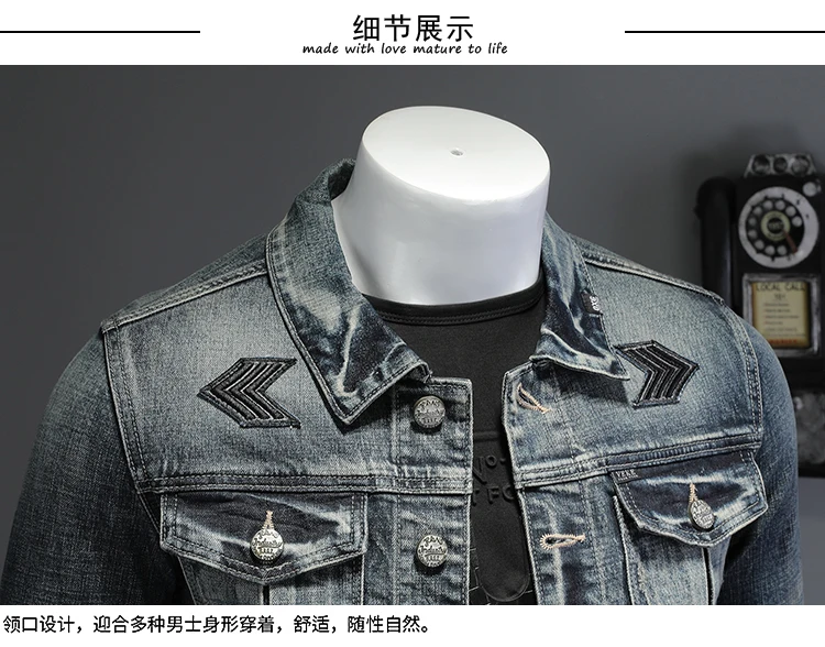 2021Spring Autumn High Quality Men's Pure Color Patch Cloth Single Breasted Slim Retro Motorcycle Long Sleeve Men's Denim Jacket bomber jacket