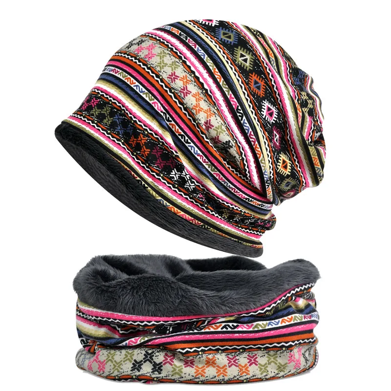 Шапка, шарф, двойное использование, зимняя, теплая, Skullies, этнический стиль, принт, конский хвост, кепка, мужская, женская, хлопок, для улицы, ветрозащитная Кепка