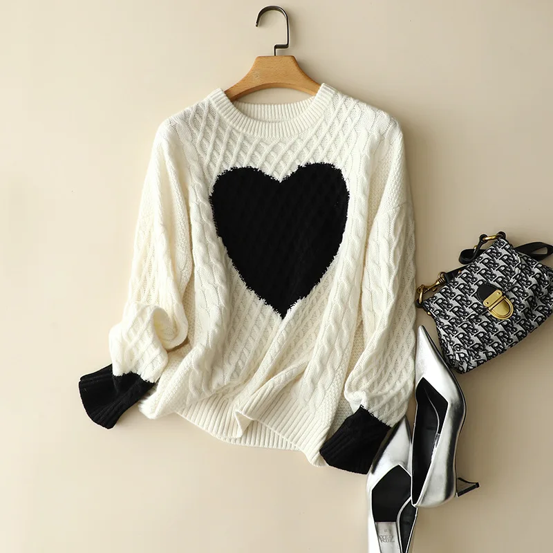 

100% cashmere cable knitted sweaters winter new styles heart pattern intarsia pullover knitted long sleeve women thick jumper