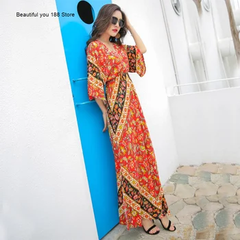 

printed Thailand V-neck holiday dress dress seaside beach floral split desert dress fairy