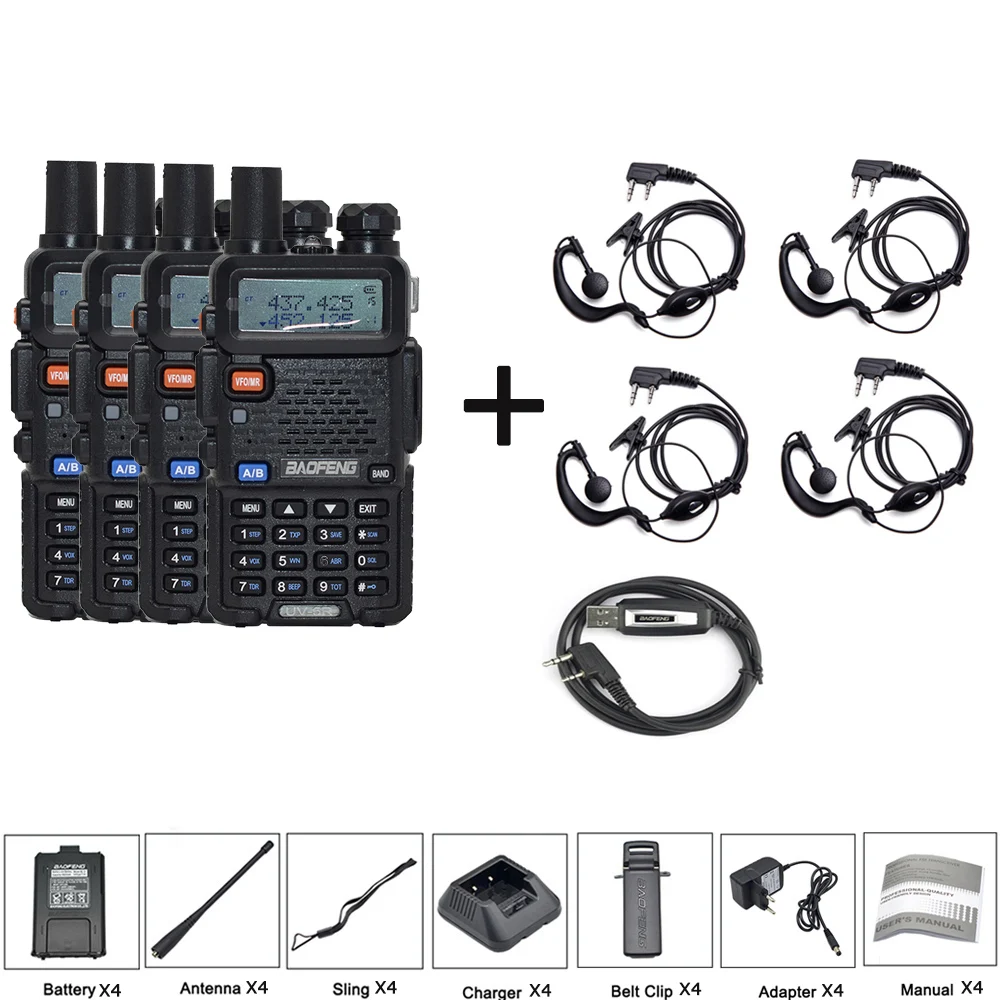 4 шт. 8 Вт Baofeng UV-5R рация VHF UHF136-174Mhz& 400-520 МГц Двухдиапазонная двухсторонняя рация Baofeng uv 5r рация uv5r - Цвет: add 4earp-1cab