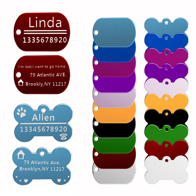 100pcs 10colors Engravable Customize Metal Pet Dog ID Tag Military Bone Personalized Cat Puppy Name for Collar Accessory | Дом и сад