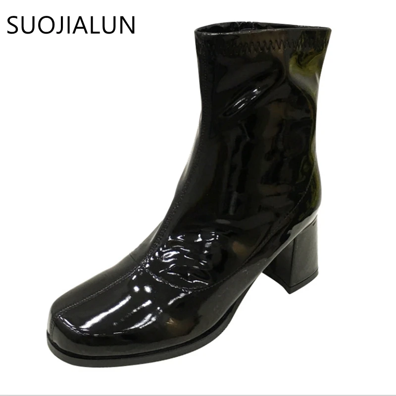 SUOJIALUN/Новое поступление года; Модные женские ботильоны; Ботинки martin из лакированной кожи на среднем каблуке; повседневные мотоциклетные ботинки с круглым носком