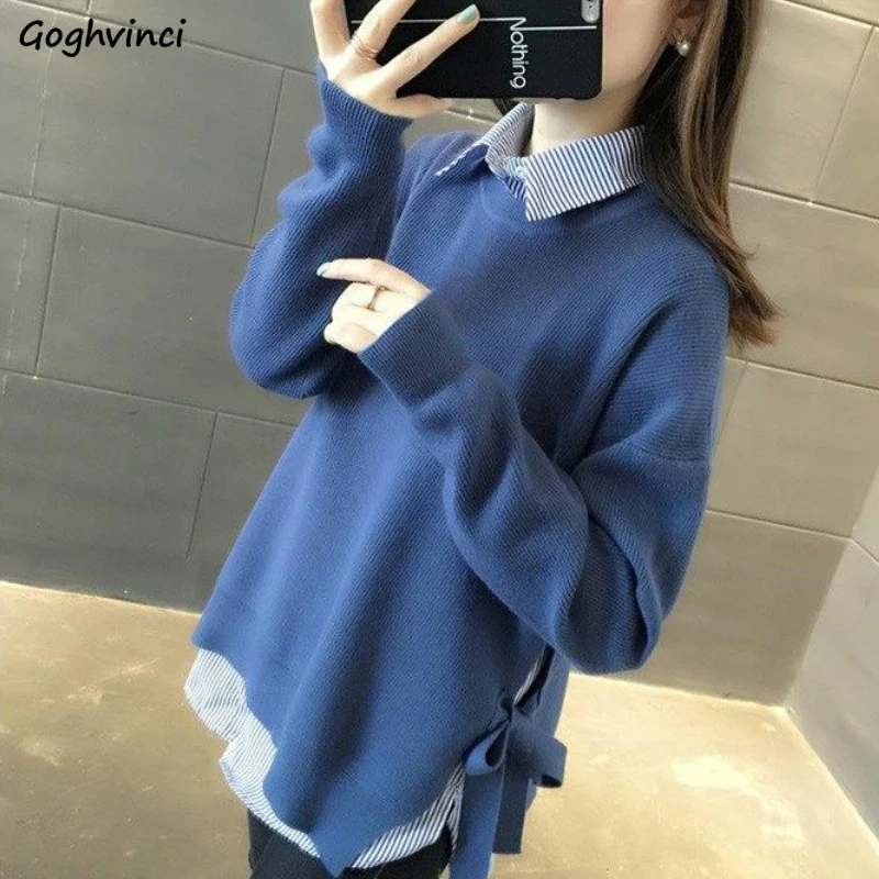 Sweaters Women Winter Knitting Side-slit Lace-up Loose Plus Size 3XL Korean-style Solid Womens Pullovers Fashion Students Chic | Женская