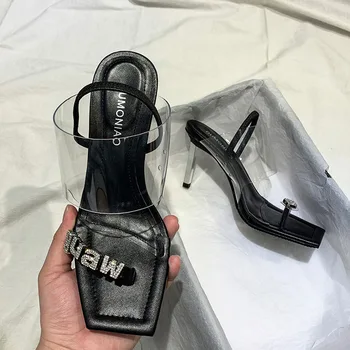 

2020 European and American Style Sexy Chunky-Heel Shoes Square Rhinestone Sandals Field with Transparent Open-Toed Shoes