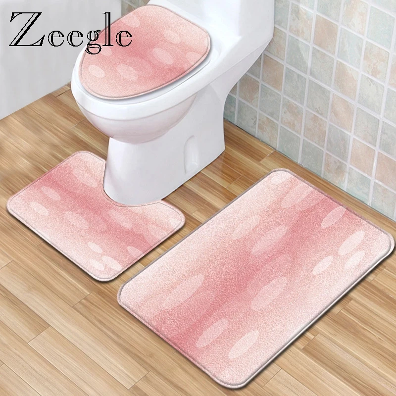 Zeegle 3pcs Bath Mat Set Modern Printed Toilet Cover Seat Mat Absorbent Toilet Pedestal Rug WC Foot Mat Non-slip Bathroom Carpet