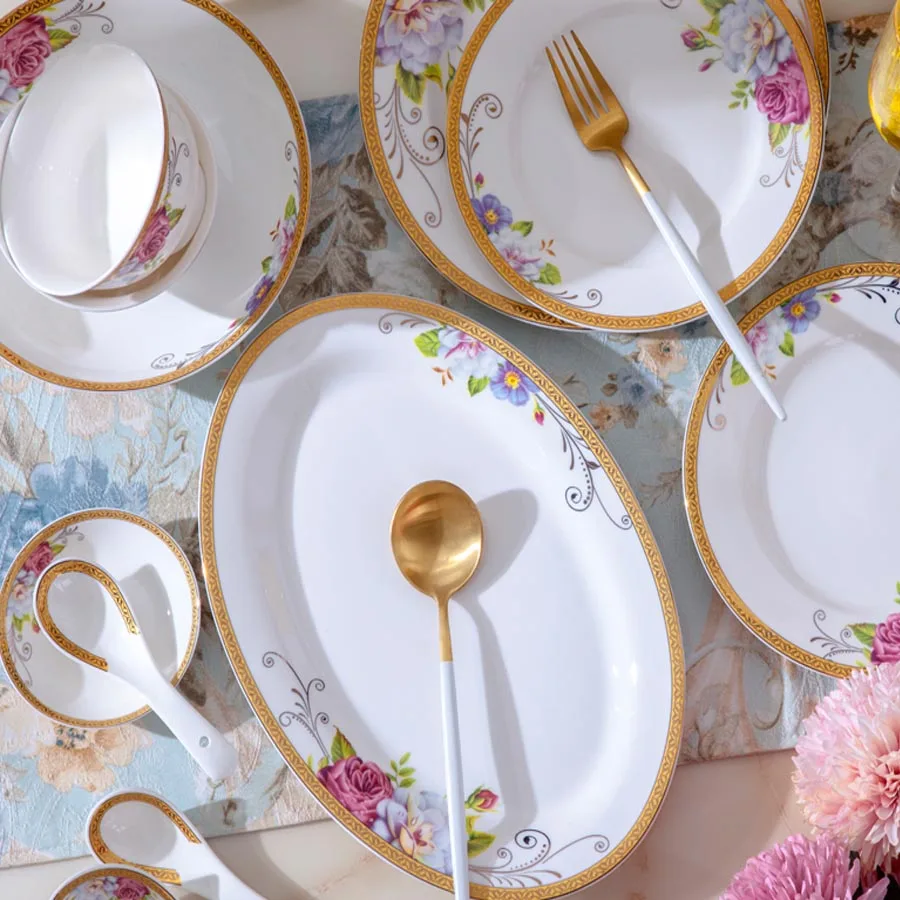 60 Heads jingdezhen ceramics Dinner Tableware Bone China Dishes Set Pot Rice Bowl  Salad Noodles Bowl Plate Dish Bowl Dinnerware