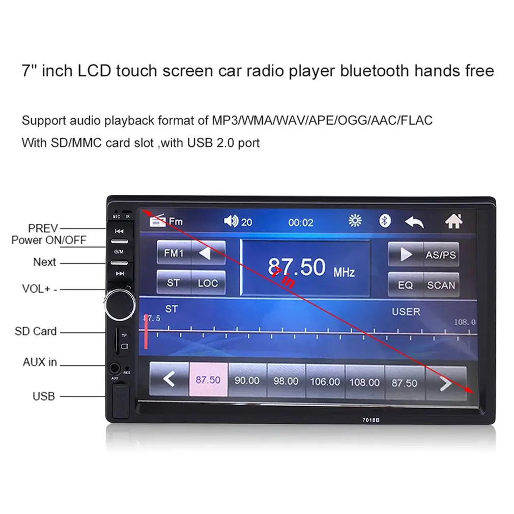 7 ''2 DIN в тире lcd HD сенсорный экран стерео радио MP5 плеер AUX со светодиодный/lcd цветной дисплей