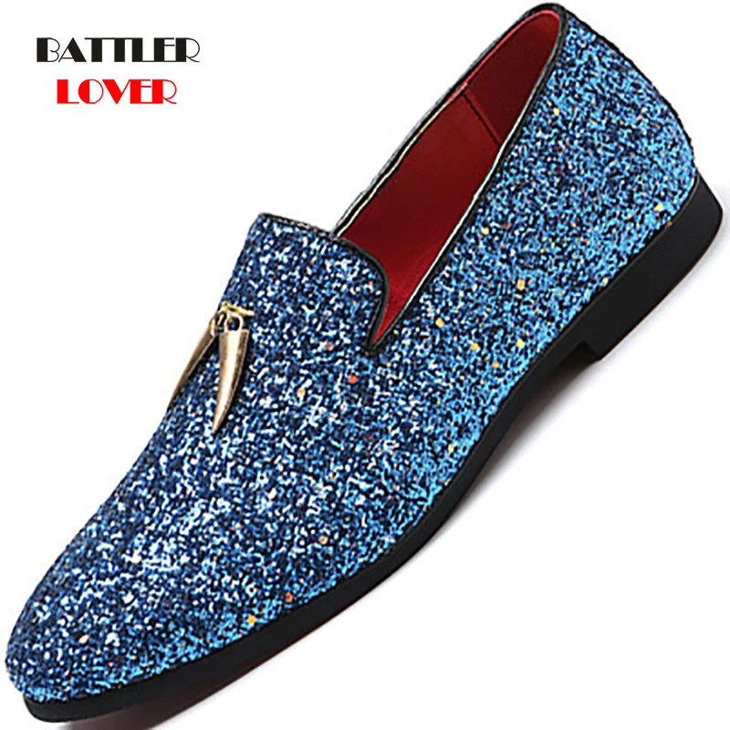 Plus Size 37-48 Luxury Men Casual Loafers Silver Diamond Rhinestones Loafers Metal Tassels Driving Shoes Men Wedding Party Shoes