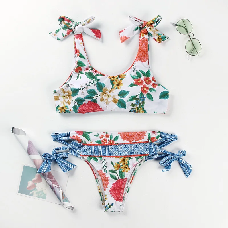 Zrtak Ruffle Bikini Floral Print Swimsuit Biquinis Feminino Bow Swimwear Lace Bikini Set Bathing Suit Women Bikins Hollow Out one one swimwear