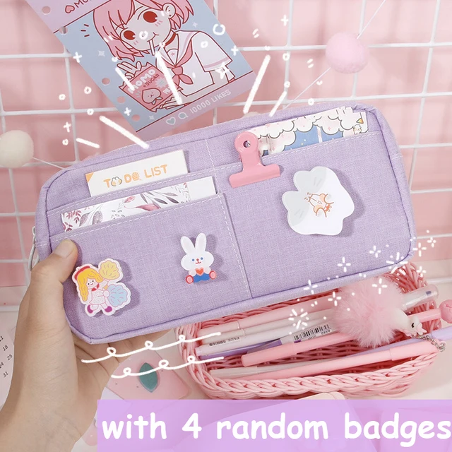 kawaii Large Pencil Case Stationery Storage Bags Canvas Pencil Bag Cute Makeup Bag School Supplies for Girl Kids Gift w/ Badge A-Purple