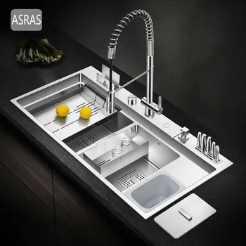 Price Asras 9848L Handmade Kitchen Sink Set With Rapid Drainage 304 Stainless Steel Double Sink With Multi-functional Faucet